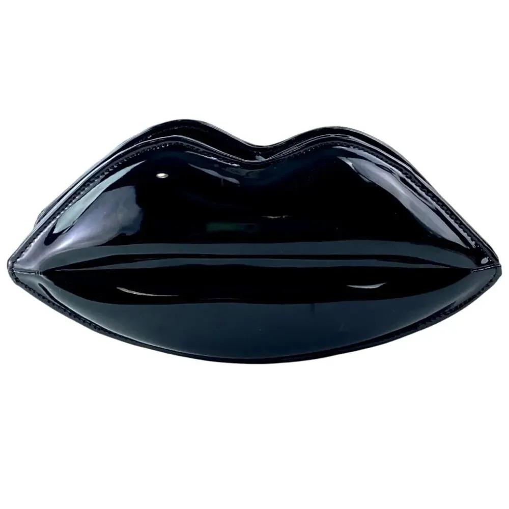 Black Patent Faux Leather Vegan Zip Chain Crossbody Lip Purse Clutch Bag OS